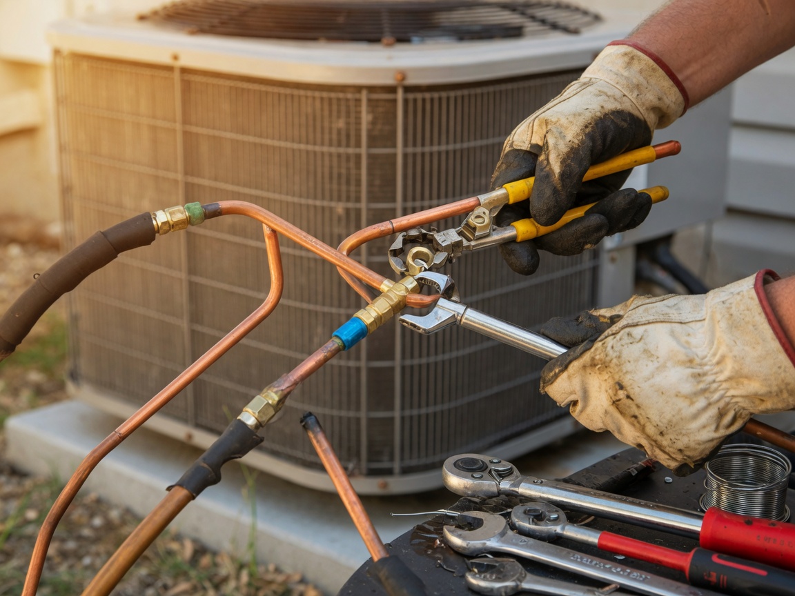 HVAC technician working on copper refrigerant lines at an outdoor condenser