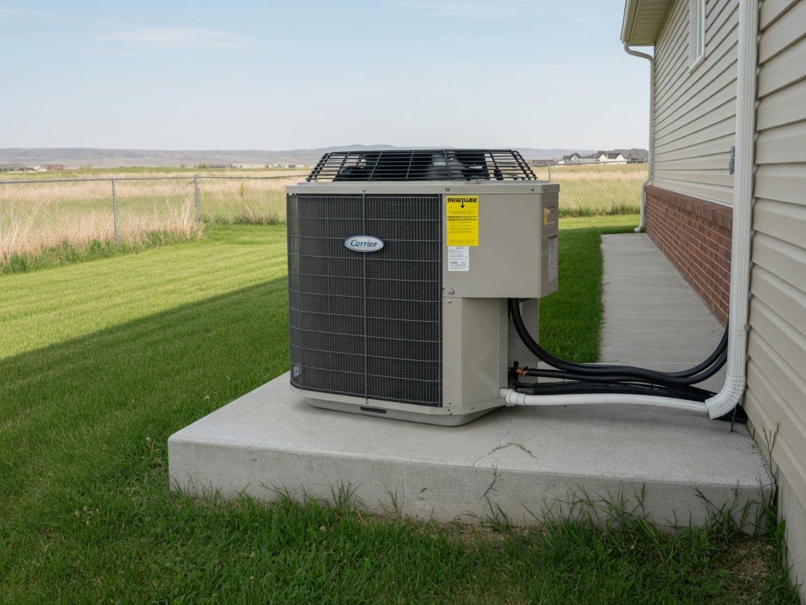 New outdoor air conditioner condenser on a pad beside a Cheyenne home
