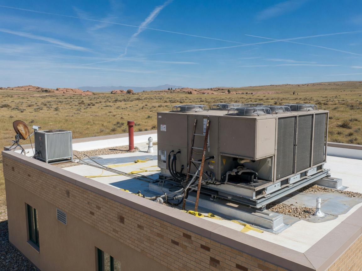 Rooftop HVAC package unit on a small commercial building in Wyoming
