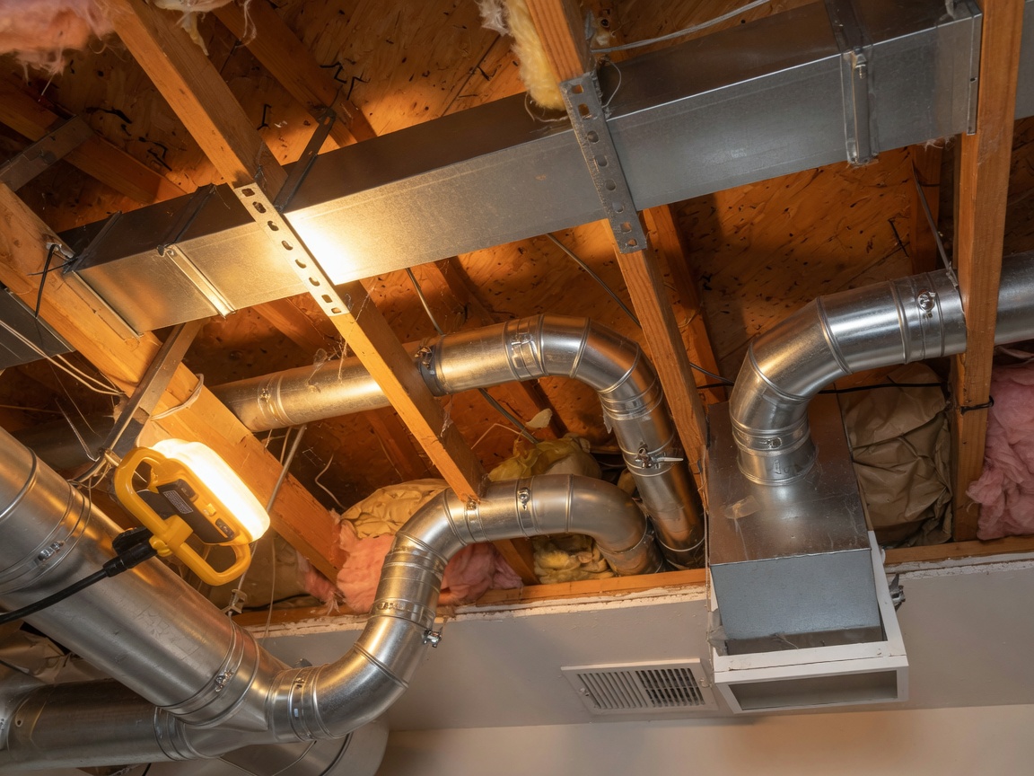 New sheet metal ductwork installed in a residential attic