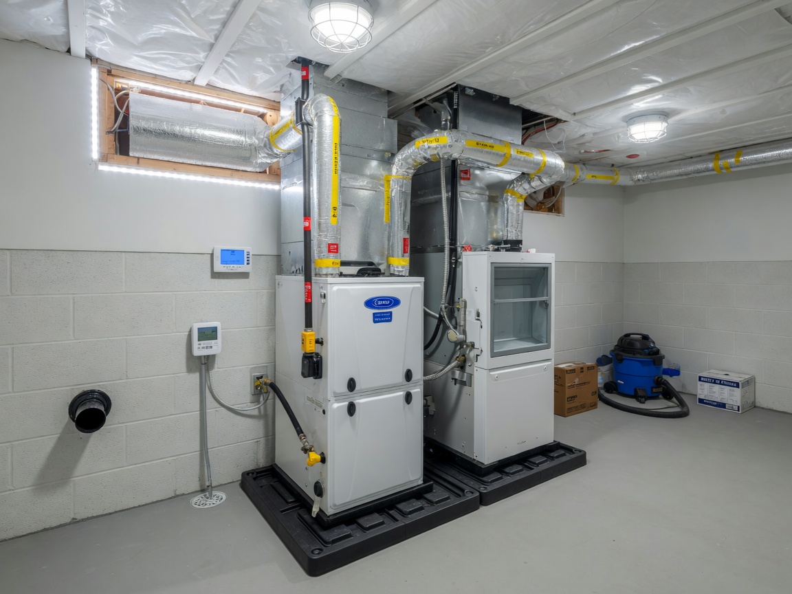New high-efficiency furnace and air handler install in a Wyoming basement