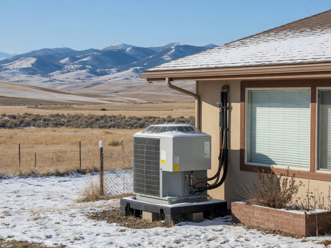 Cold-climate heat pump outdoor unit beside a ranch home in winter