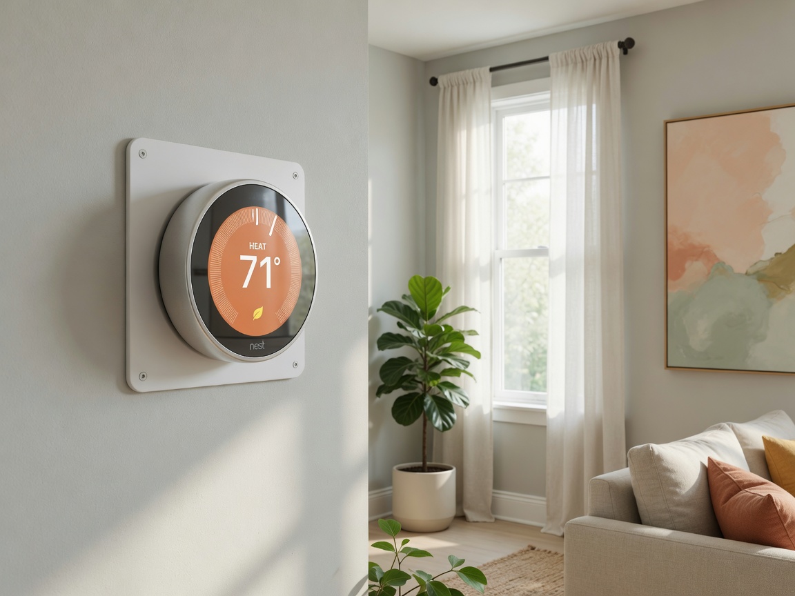 Smart thermostat installed on a living room wall